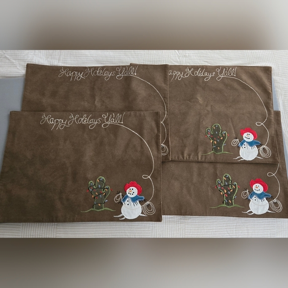 St. Nicholas Square Set Of 4 Western Christmas Placemats Cowboy Snowman - Picture 2 of 7